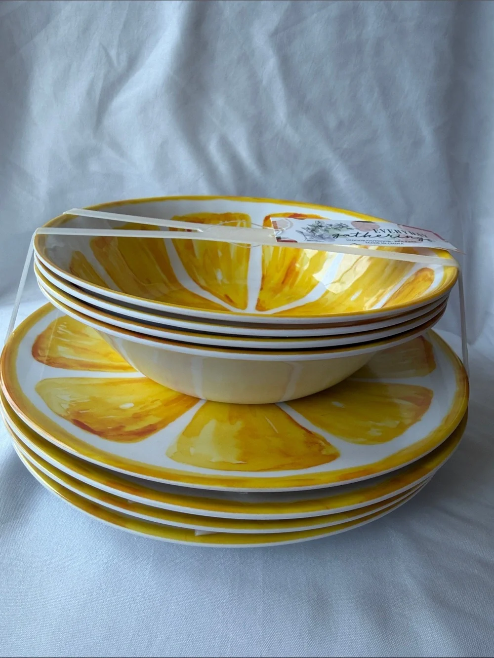 Sunburst Yellow Citrus Melamine Dinner Plate and Bowl Set - Bright Lemon Design